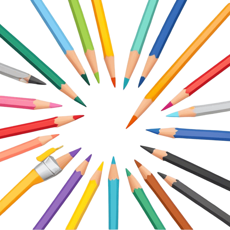 Drawing tools, colored pencils, brushes, pastels, sketching, artistic tools scattered, vibrant colors, clean lines, minimalistic, on a white background, no extra details. emoji