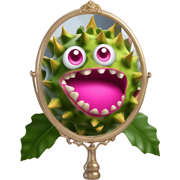 3D elegant Pitahaya with large shiny eyes 👀 Pitahaya hand holds the mirror with its reflection 🪞 emoji