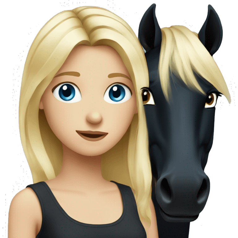 blonde girl with blue eyes and her black horse with black mane emoji