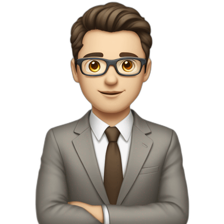 Pale skinned fit man with dark brown hair in gray jacket, beige office shirt, brown tie, brown pants and vintage glasses Writing text on a marker board emoji