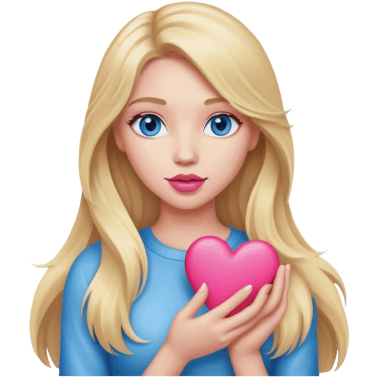 A realistic blonde with long hair and blue eyes and pink lips holds a heart in her hand emoji