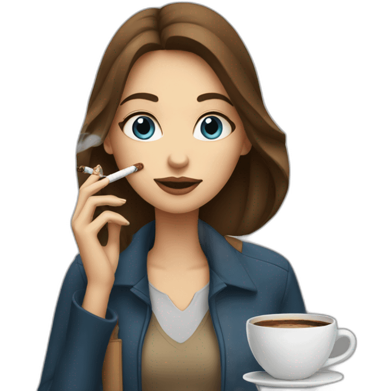 A girl (brown hair blue eyes) smoking a sigaret and having coffee emoji