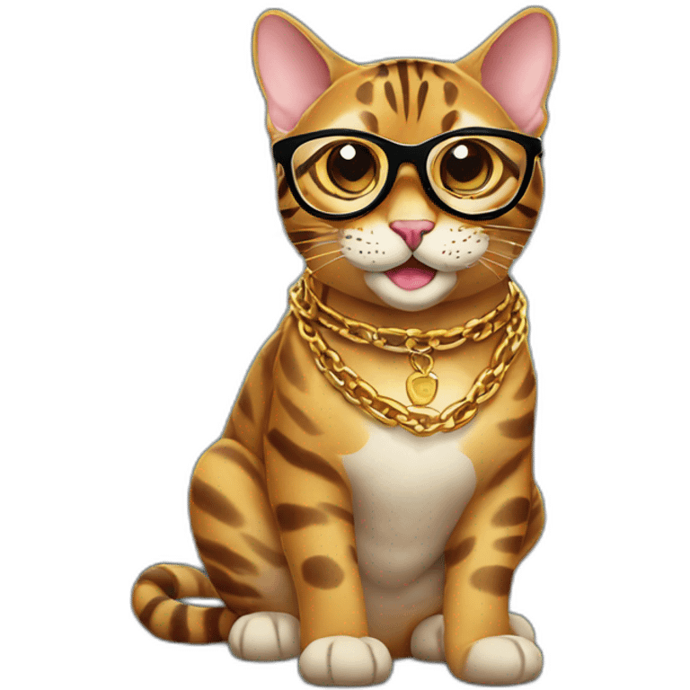 a Bengal cat wearing glasses with a golden chain around its neck, smiling emoji