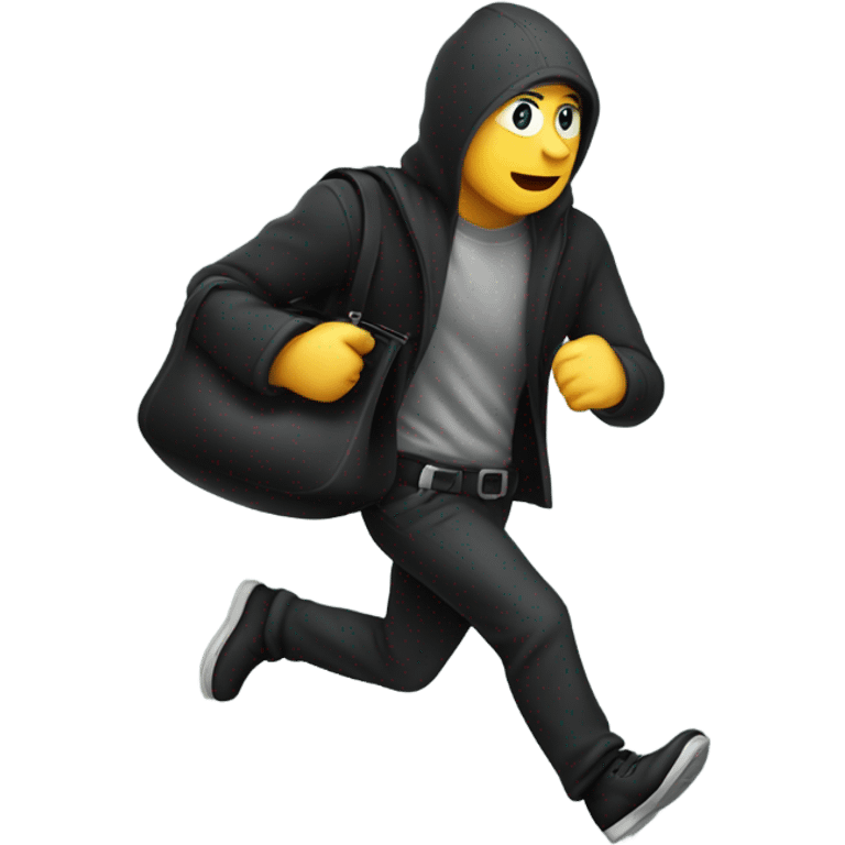 thief running with a black bag in shoulder and money flying emoji