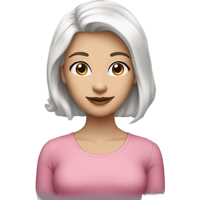 A woman in a standing position, her appearance can be described by the following characteristics: black shoulder-length hair, fair skin, blue eyes, a thin graceful nose, a beautiful smile and pink gloss on her lips. She is dressed in emoji