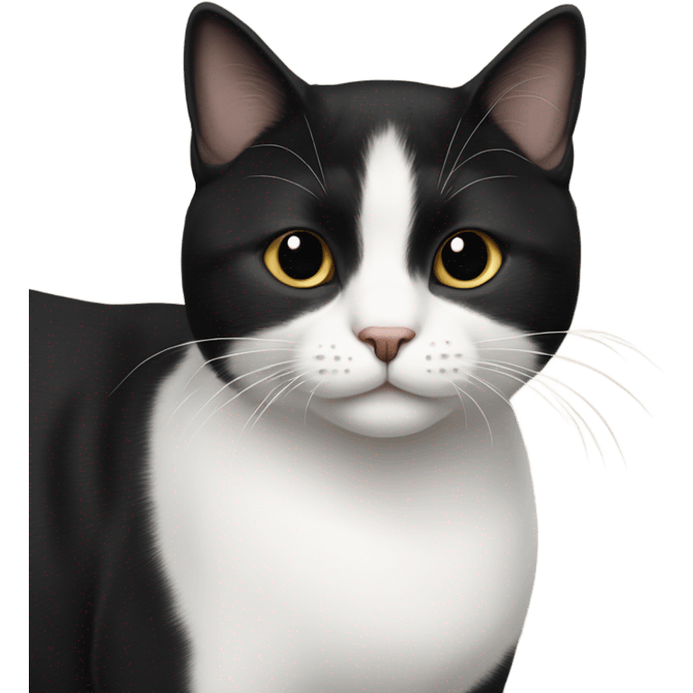 Small tuxedo short-haired cat with black fur on top and face and white tummy emoji