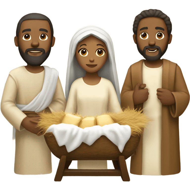 Holy manger scene with light brown skin tone Jesus, Mary, and Joseph  emoji