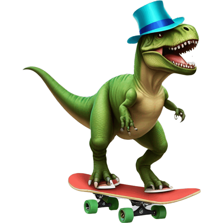 A T-Rex with a party hat riding a skateboard emoji