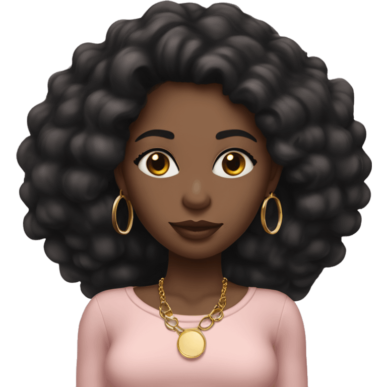 Black girl with long black straight hair and light pink lipstick with gold hoop earrings and and a gold necklace  emoji