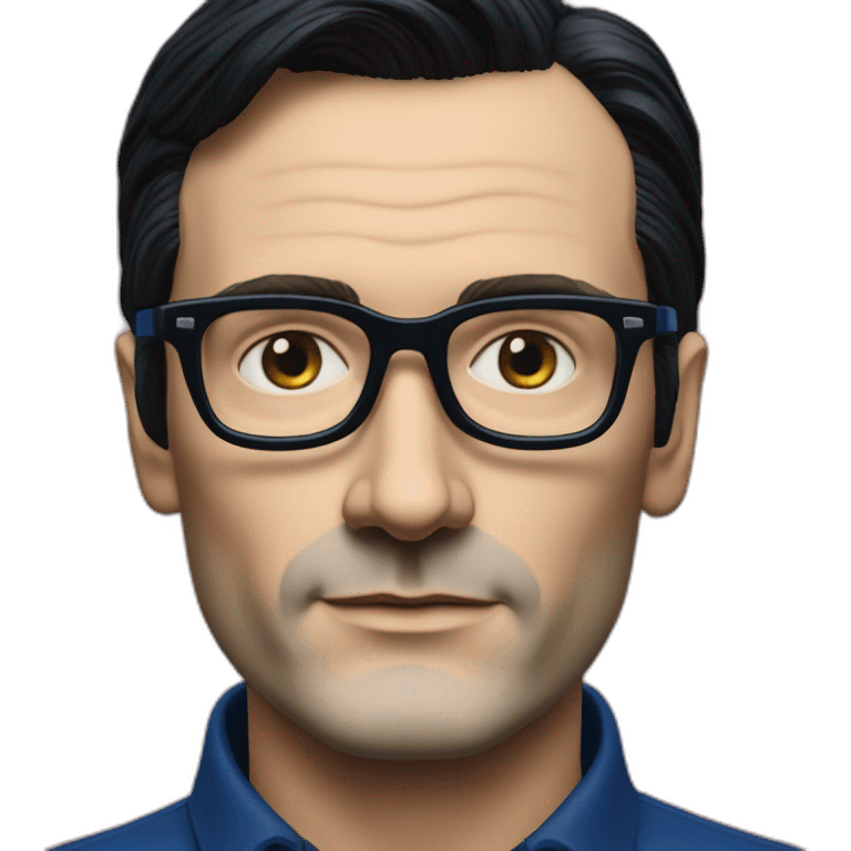 photo realistic Ralf Hutter from Kraftwerk, short straight black hair, black glasses, Dark Blue T-shirt emoji