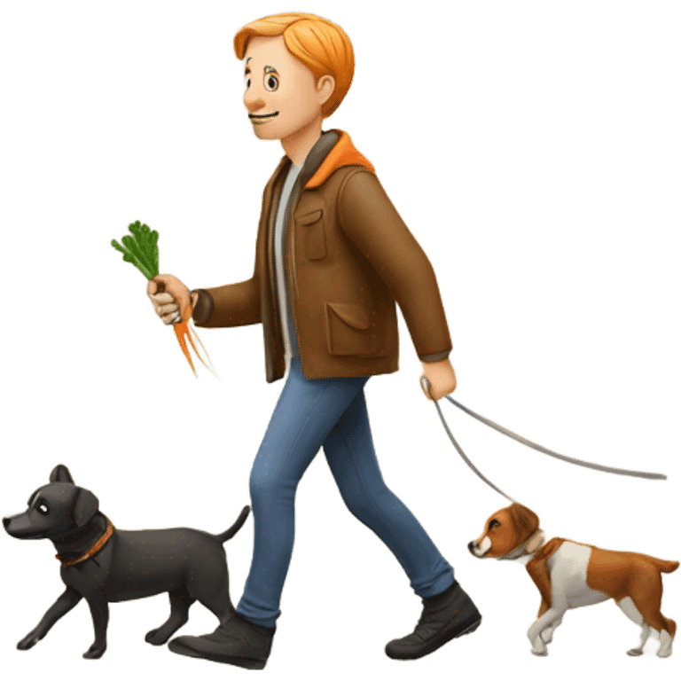 Mads walking a small dog while eating carrots  emoji