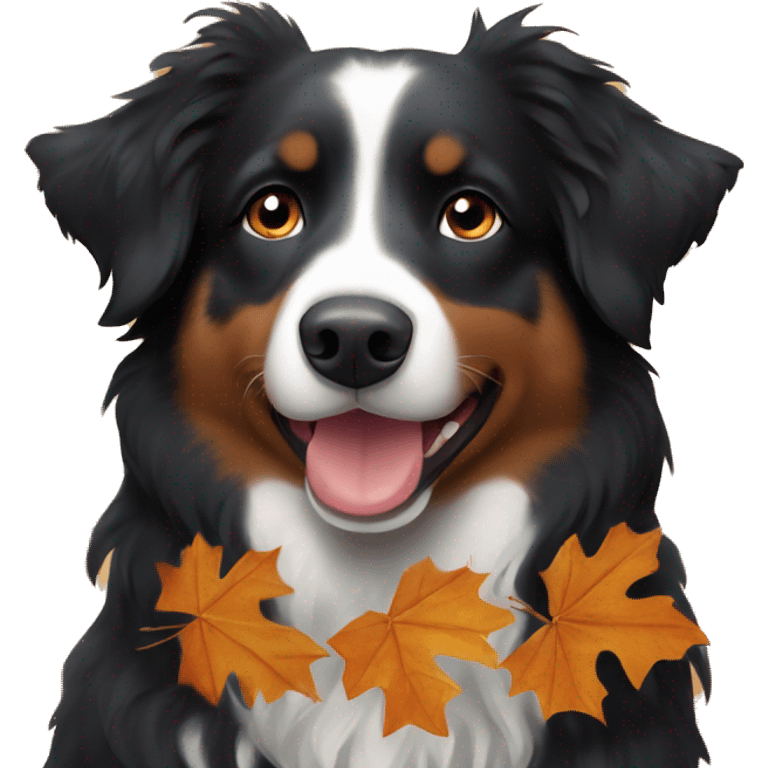 Small black australian shepherd dog wearing autumn leaves emoji