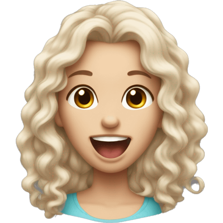 a girl with pale skin, long curly brown hair, sticking her tongue out happily emoji