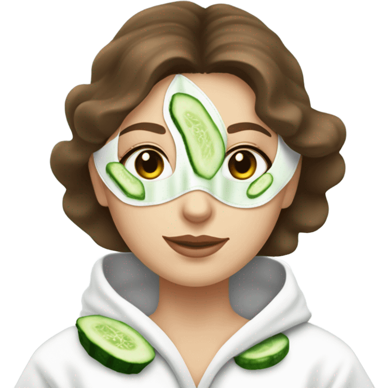 White girl with Brown hair and blue eyes wears a Green skincare textured mask and puts on cucumbers around her eyes while She relaxes in her white Robe emoji