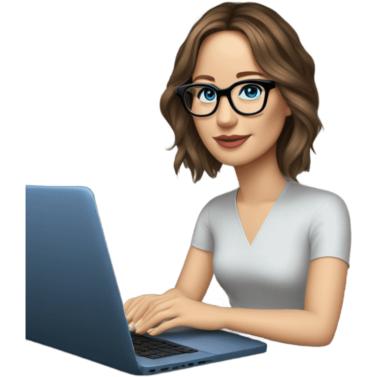 Realistic Photo of Brunette Jennifer Lawrence wearing black glasses and blue eyes talking on their laptop  emoji