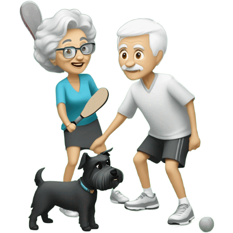 A small grandma with short grey hair, and thin grandpa with a short white beard playing pickle ball with a small black and white schnauzer emoji