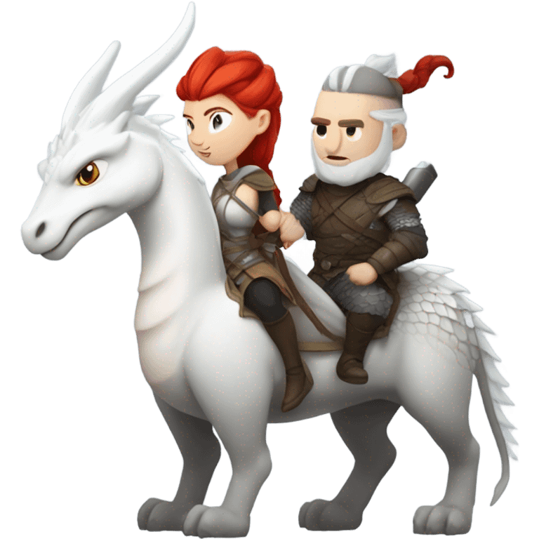  White Viking red head pale skin beautiful dragon  queen with a Viking solder with a gray man bun built white solder on a dragon  emoji