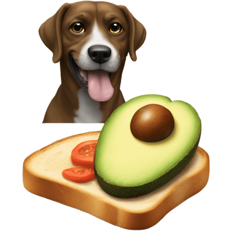 a dog eating a avocado toast whit a cofre emoji