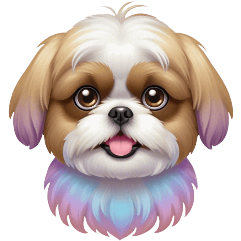 Cinematic Comical Shih Tzu Portrait Emoji, Head cocked with a hilariously exaggerated, shocked expression and twinkling, comically wide eyes, showcasing a fluffy, luxurious fur in soft pastel tones, simplified yet whimsically detailed, glowing with a playful, sassy radiance, high shine, exuding a humorous and cheeky charm, styled with a soft glowing outline, capturing the essence of a Shih Tzu that looks as if it could burst into a fit of playful antics at any moment! emoji