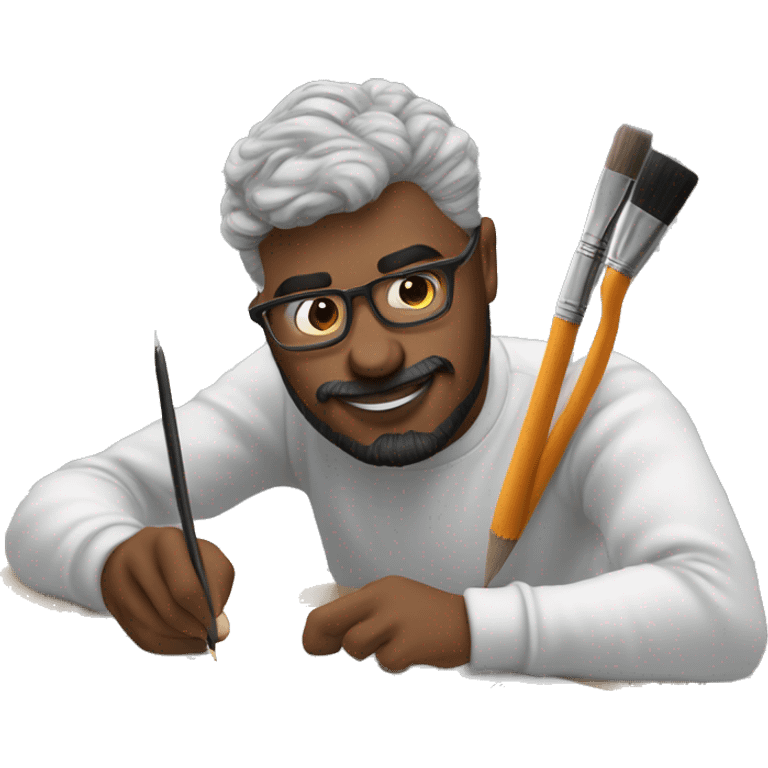 👨‍🎨📱✍️ A creative man is focused, drawing on an iPad with a stylus. , using the iPad placed on a table. with art tools like brushes and pencils around him. 🎨 emoji