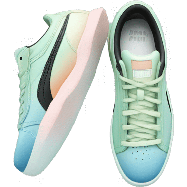 Realistic Isolated front view pair of pastel blue pastel green peach and black ombre Puma sneakers.  emoji