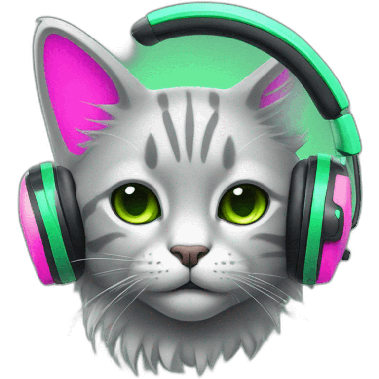 un gato gris con auriculares neon de color verde y rosa emoji