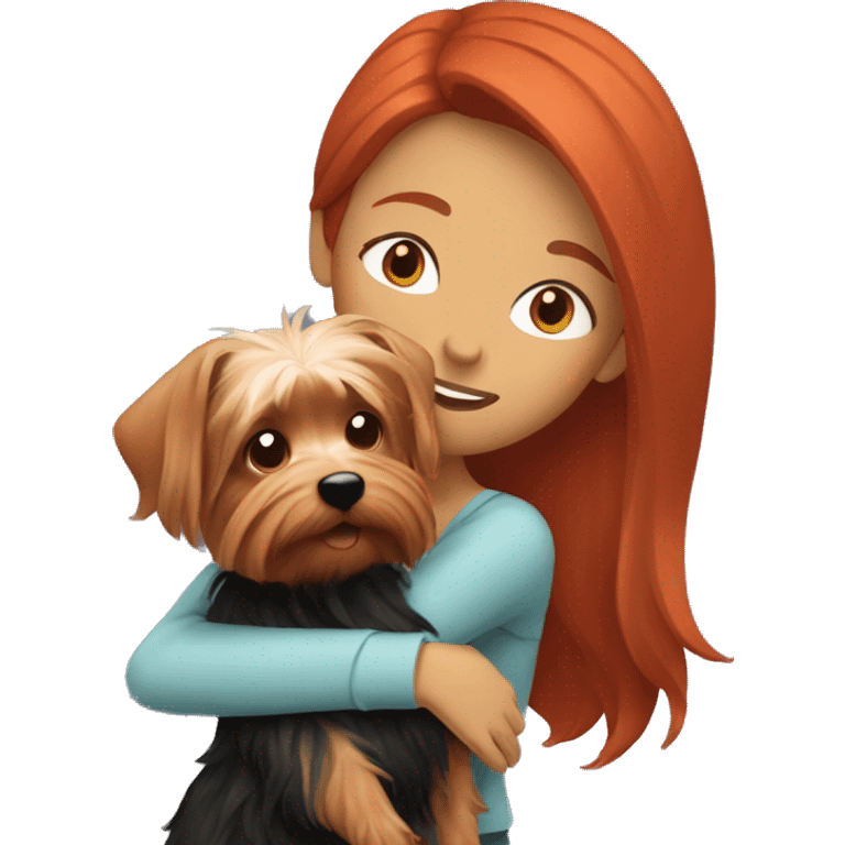 Woman with red hair hugging a Yorkshire terrier emoji