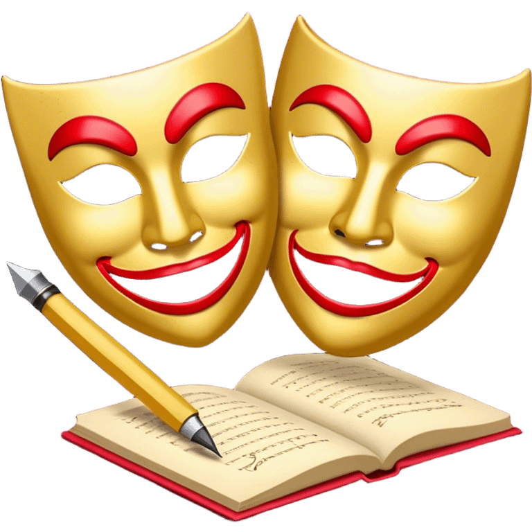 Create a bold and dramatic emoji representing the art of playwriting. The design should feature an open script or a theater playbook, with stylized text inside. Include elements like a theatrical comedy and tragedy masks, a stage spotlight, or a writting quill to symbolize creativity and performance. Use deep, contrasting colors like red, black, and gold to evoke the intensity and passion of drama. The overall design should feel dramatic, inspiring, and artistic. Make the background transparent. emoji