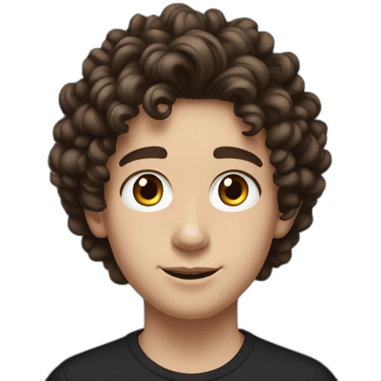 a white teenager boy with big brown eyes and middle partedlong coiled curly brown hair, wearing a black t-shirt with white airpods emoji