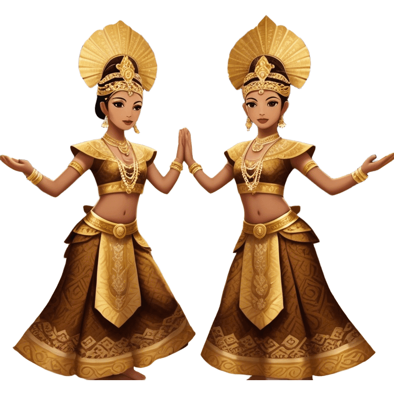 ​Cinematic Realistic Traditional Javanese Dancers, depicted as two graceful dancers in ornate traditional costumes with intricate batik patterns and elaborate headpieces, captured in dynamic poses during a ritual dance in an ancient temple courtyard, rendered with soft golden lighting and rich cultural textures, emoji