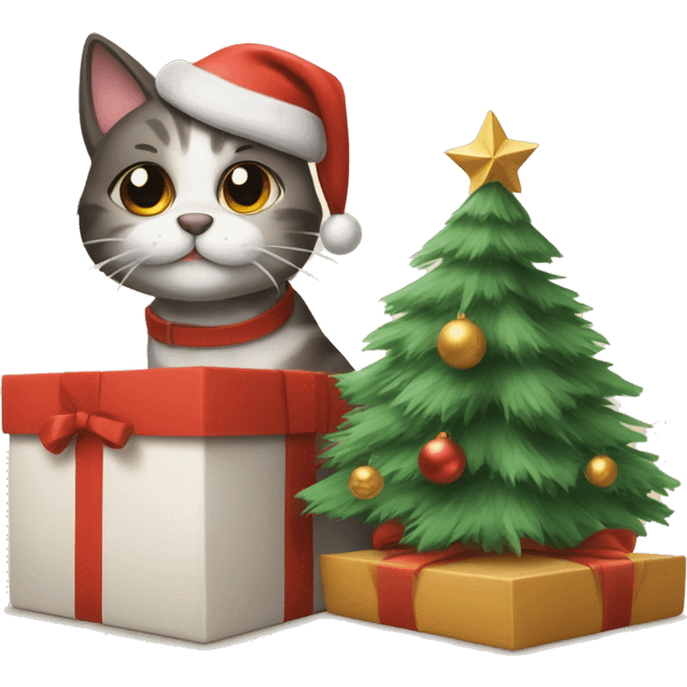 Draw a cat and a dog in 2 different gift boxes under the tree for Christmas emoji