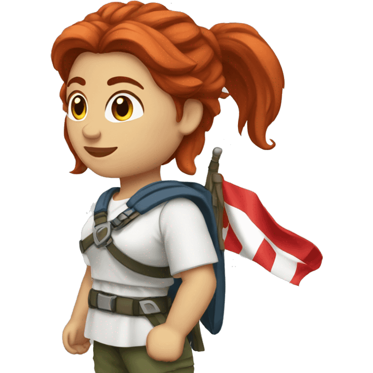 a red medium hair female mountain summiteer with greek flag emoji