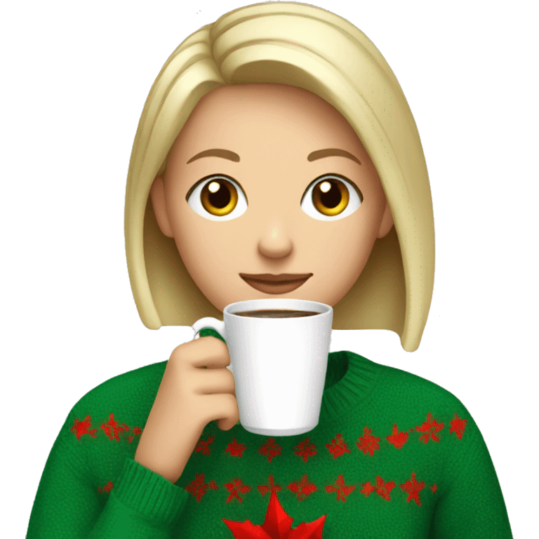 Short haired blonde girl drinking coffee wearing Christmas sweater emoji