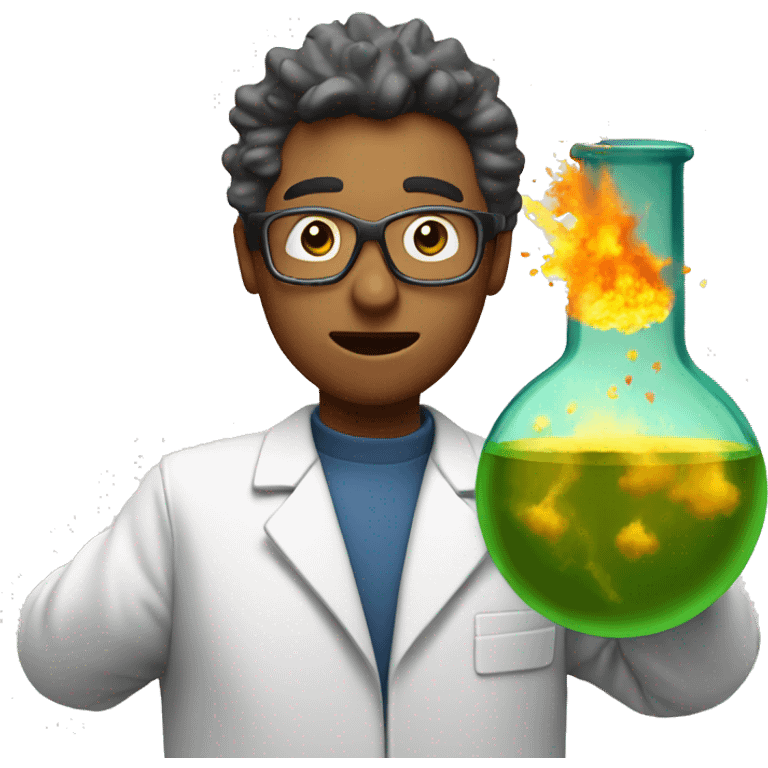 scientist with a conical flask with a big explosion emoji