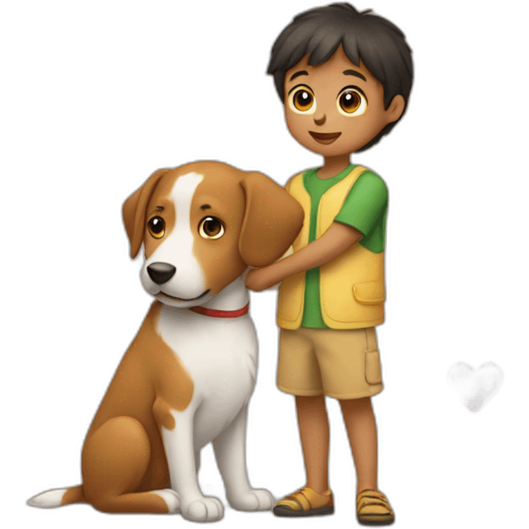 a young child with both arms next to a dog and heart  emoji