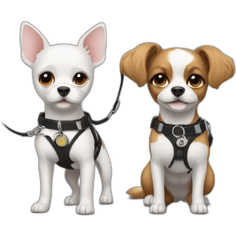 2 small dogs on leashes, 1 with patches of black emoji