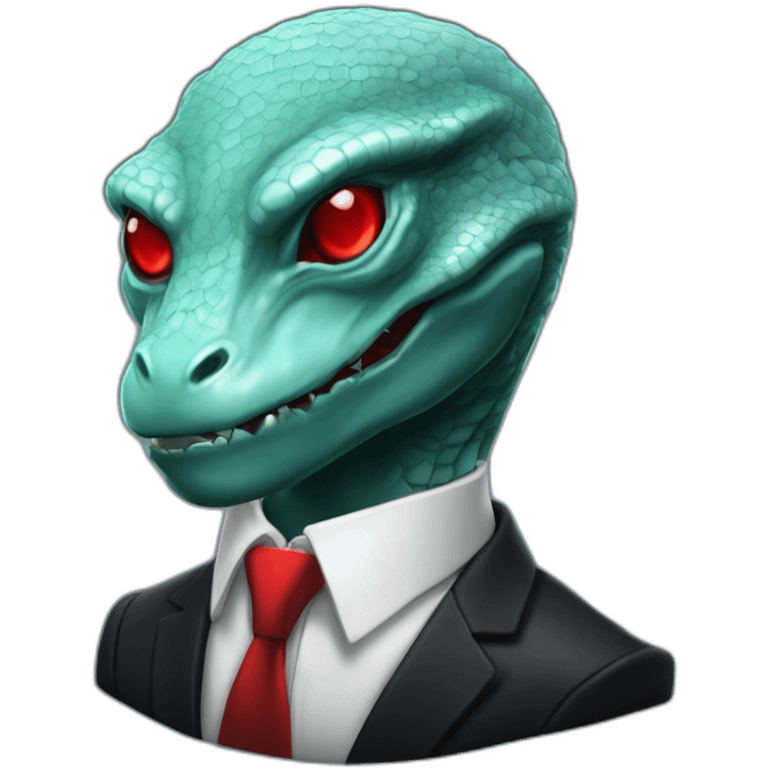 Aquamarine reptilian in classic black suite with red laser eyes on the middle of platinum coin emoji