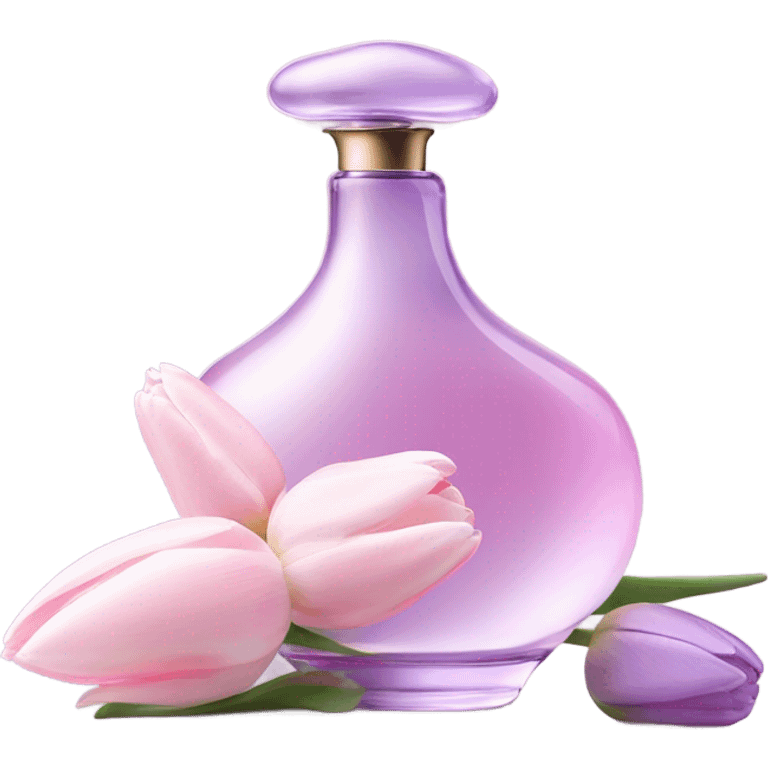 Aesthetic arrangement of pastel pink tulips and a retro violet perfume bottle.
 emoji