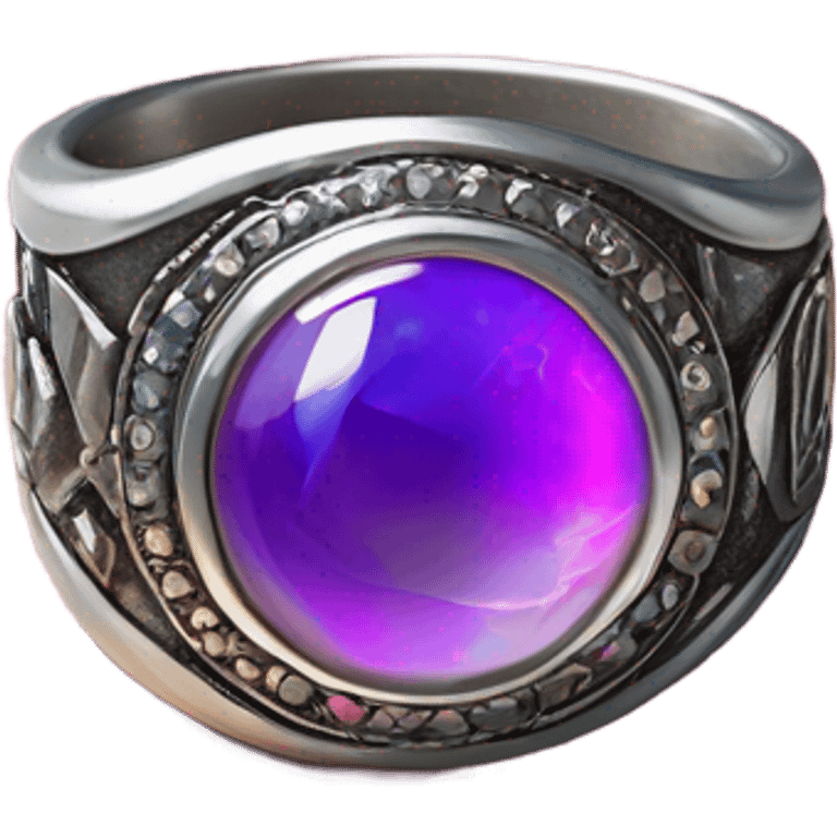 A highly detailed, close-up digital sticker of a 90s Y2K-style mood ring, featuring a chunky silver band with intricate engravings. emoji