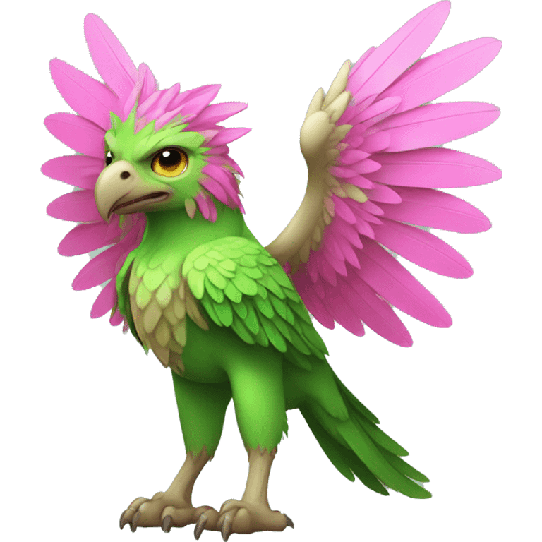 Full-body green gryphon with pink wings and pink tail-feathers emoji