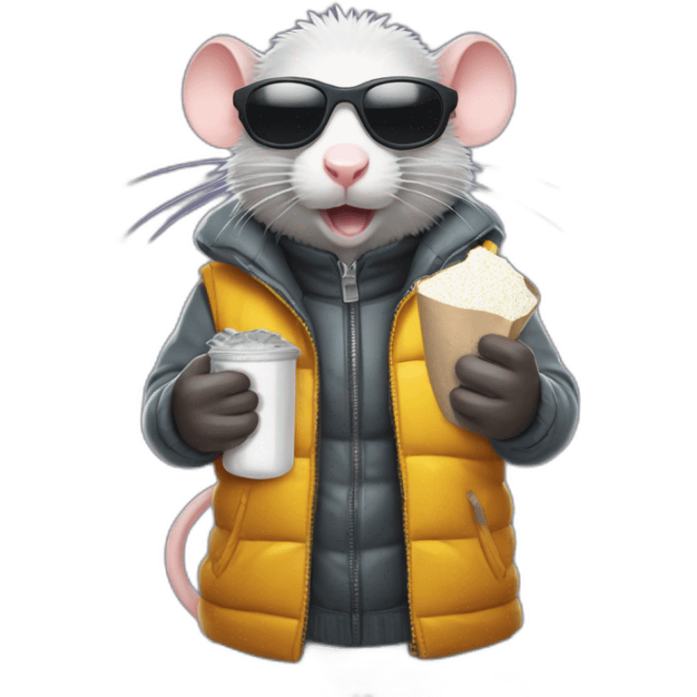 badass rat in bodywarmer wearing sunglasses holding a small half-filled plastic bag of powdered sugar emoji