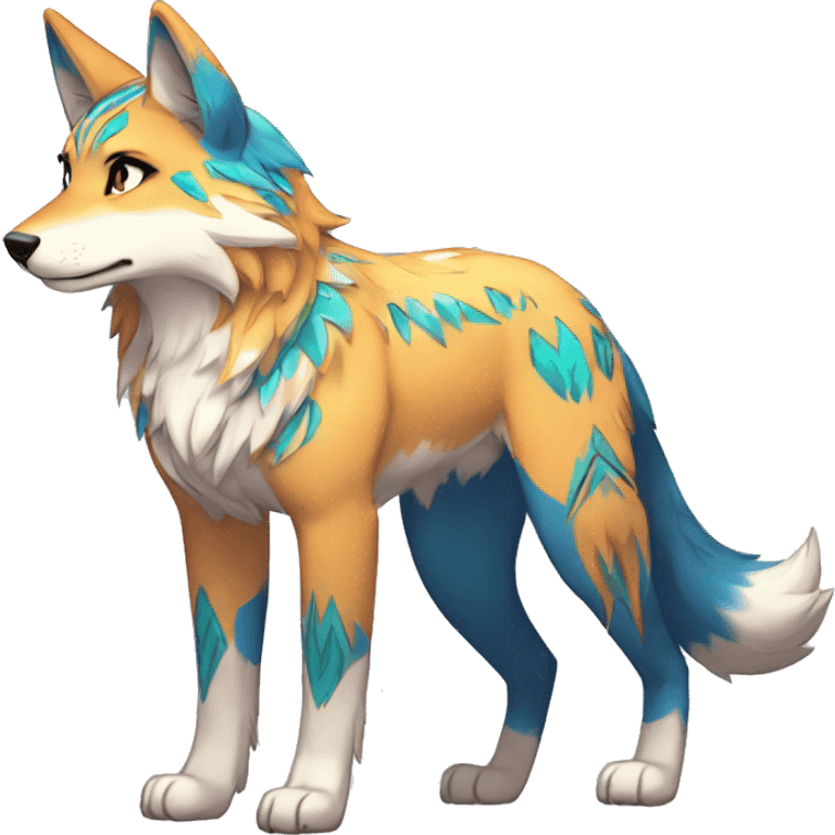 Anthro Colorful Shiny Fionbri-Falvie-sparkle-wolf-sona with tribal markings full body emoji