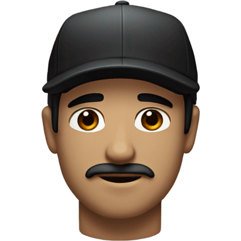 White guy with medium length straight black hair and a baseball hat. Brown eyes and a classic mustache and NO beard. Black hair emoji