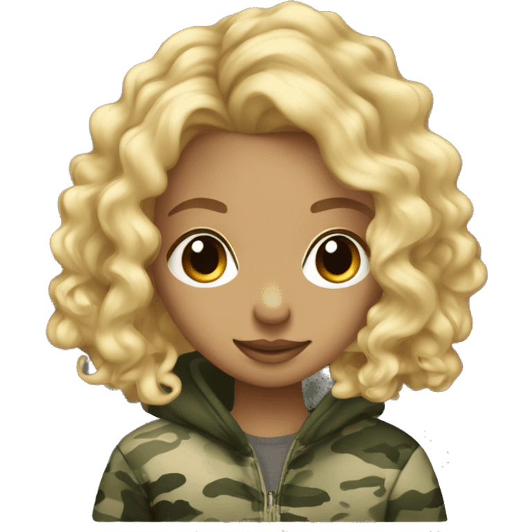 blonde girl long ringlet curls wearing camo hoodie  emoji