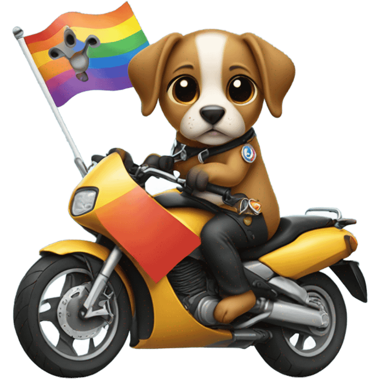 Dog riding a motorbike holding an lgbt flag while pregnant emoji