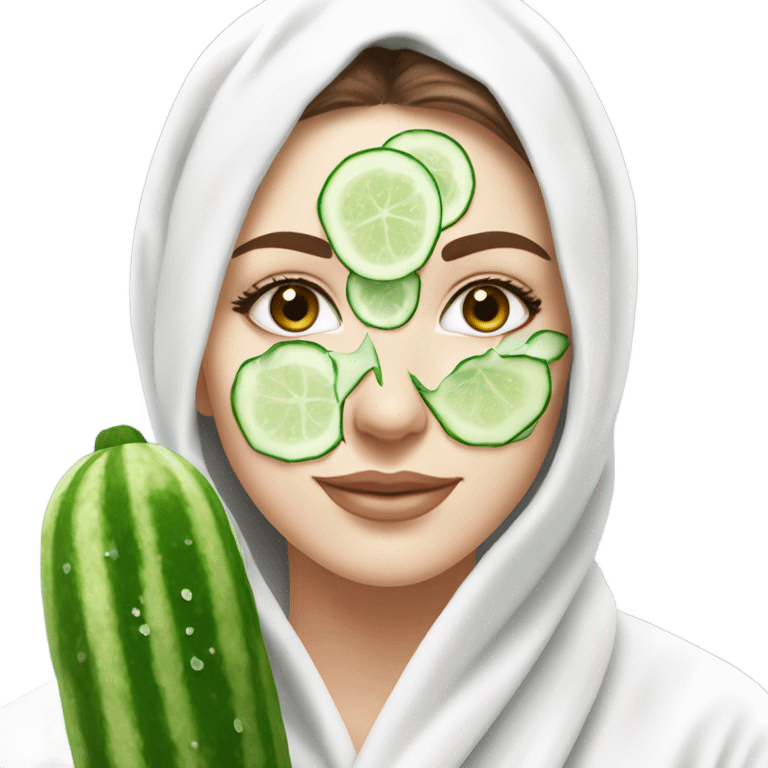 BLUE EYES White girl with Brown hair and blue eyes wears a Green colored skincare clay textured mask and puts on cucumbers around her eyes while She relaxes in her white Robe emoji