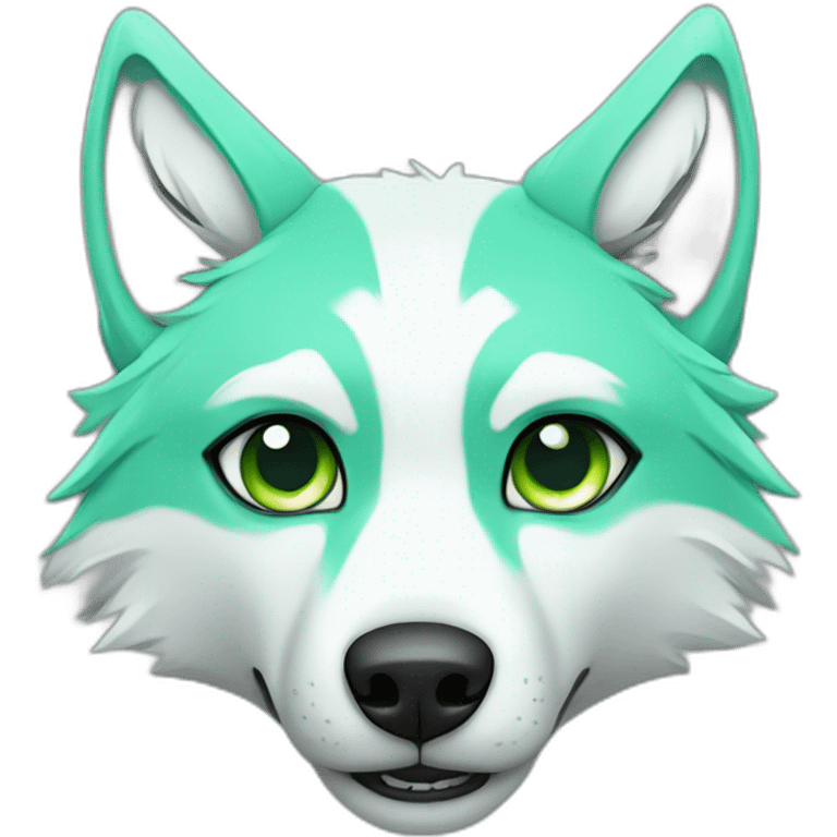 light green turquoise and white wolf with green eyes and one eye is grey and dead emoji