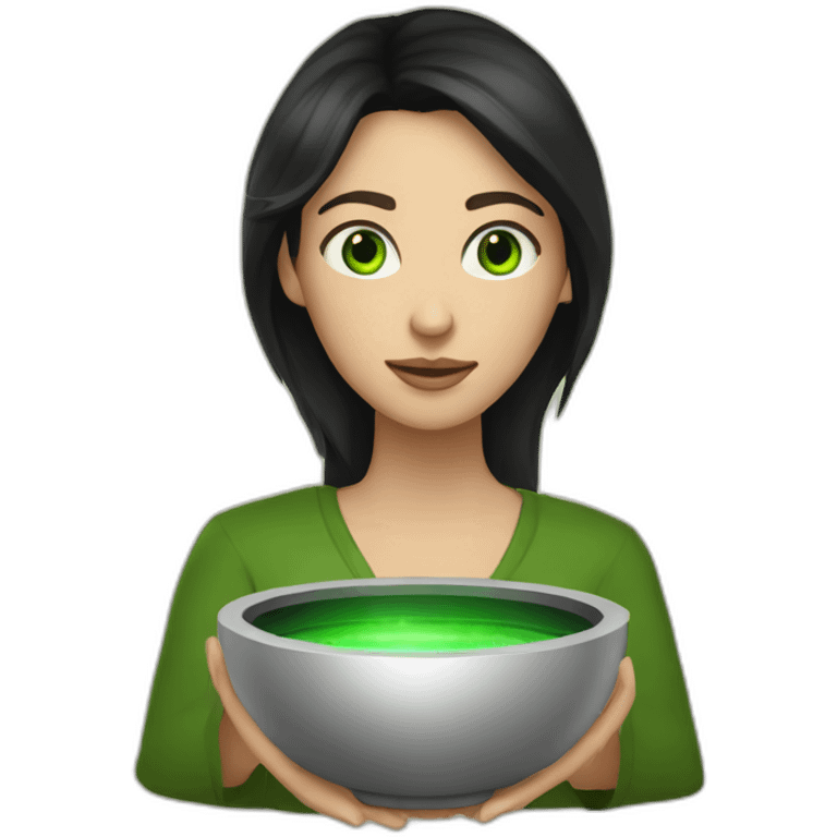 sound bowl healer woman with long dark hair and green eyes emoji