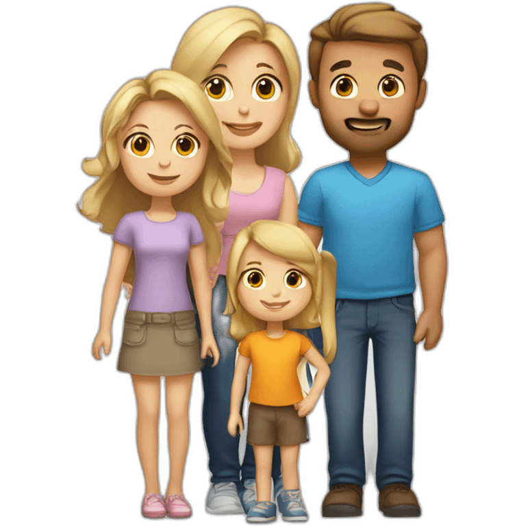 Family of 5 blonde mom brown hair dad 8year old blonde girl, 4year old light brown hair boy and 1 year old light brown hair girl emoji