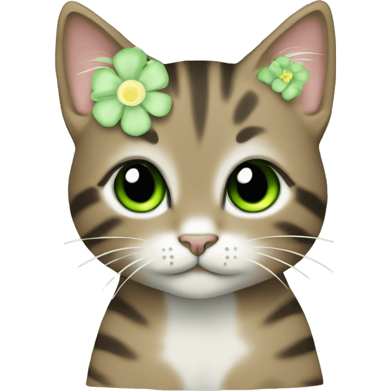 kawaii brown tabby kitten with green eyes and pastel green flower emoji